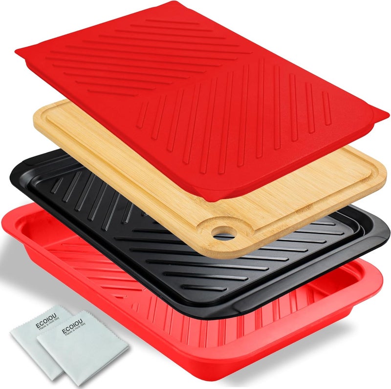 ECOIOU Grilling Prep and Serving Tray with Lid, Bamboo BBQ Deep Trays for Marinating Raw and Cooked Food, Melamine Serving Trays for Food, Black and Red - Image 1
